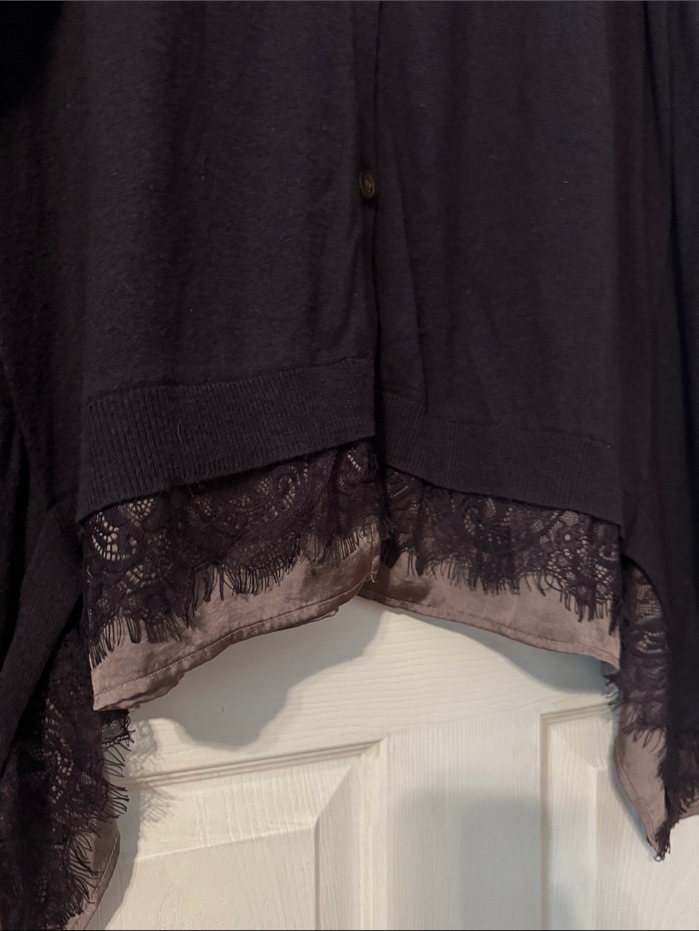LOGO by Lori Goldstein Dark Plum Long V-Neck Button Cardigan with Lace Hem - Picture 3 of 3